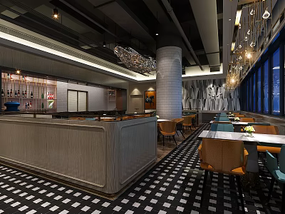 Modern Restaurant Interior With Bar Counter Tables Chairs Checkered Floor And Pendant Lights 3d model