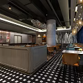 Modern Restaurant Interior With Bar Counter Tables Chairs Checkered Floor And Pendant Lights