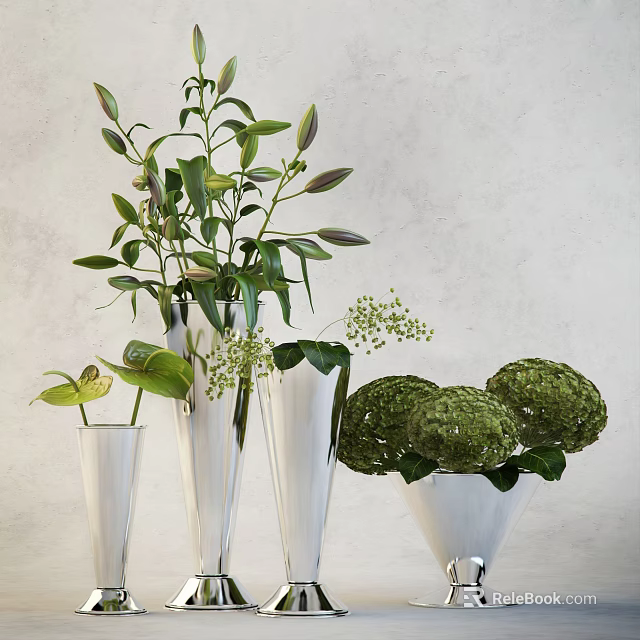 Stylish Glass Vases With Green Leaves and Hydrangea Flowers Against Light Wall 3d model 