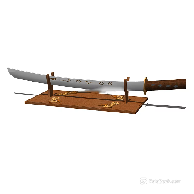 Traditional Japanese Sword With Patterned Blade On Brown Stand And Gold Decorations 3d model 