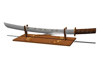 Traditional Japanese Sword With Patterned Blade On Brown Stand And Gold Decorations 3d model
