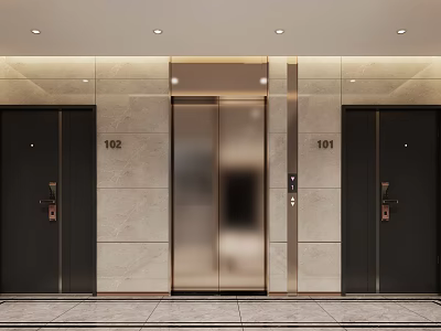 Modern Elevator Lobby With Light Stone Walls And Recessed Lighting 3d model