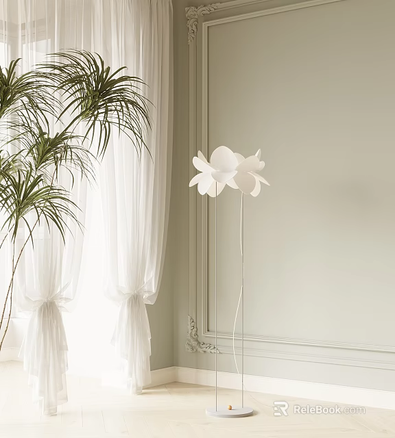 Elegant White Flower Shaped Floor Lamp In Bright Interior With Palm Plant And White Curtains 3d model 