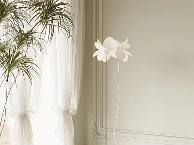 Elegant White Flower Shaped Floor Lamp In Bright Interior With Palm Plant And White Curtains 3d model