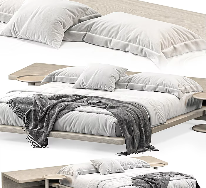 Modern Cozy Double Bed With Wooden Frame White Pillows And Gray Throw Blanket 3d model 