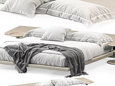 Modern Cozy Double Bed With Wooden Frame White Pillows And Gray Throw Blanket 3d model