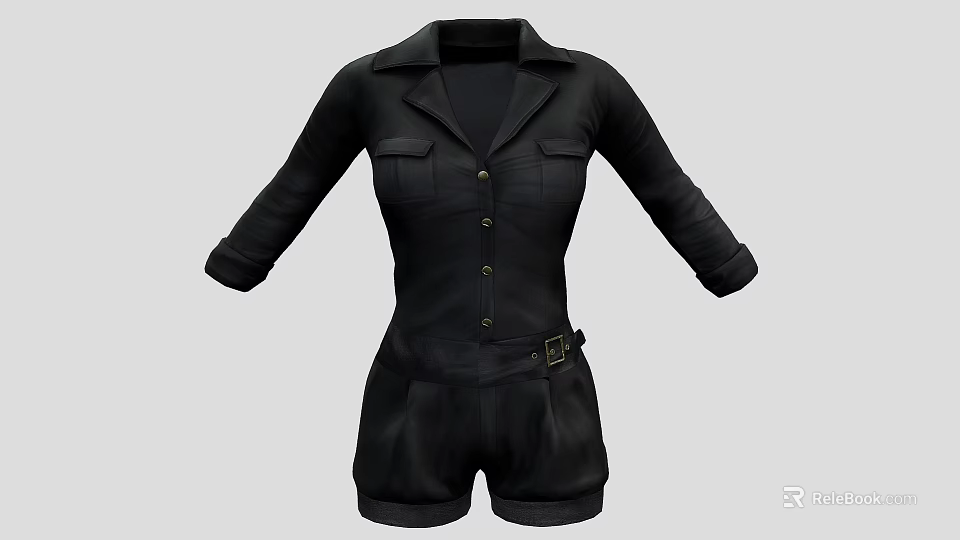 Stylish Black Collared Playsuit With Chest Pockets Button Front And Waist Belt 3d model 