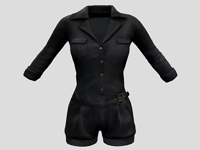 Stylish Black Collared Playsuit With Chest Pockets Button Front And Waist Belt 3d model