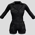 Stylish Black Collared Playsuit With Chest Pockets Button Front And Waist Belt