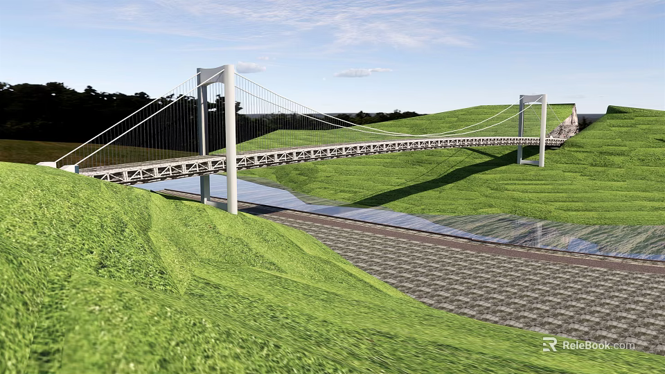 Modern White Cable Stayed Bridge Over River With Green Grassy Hills 3d model 