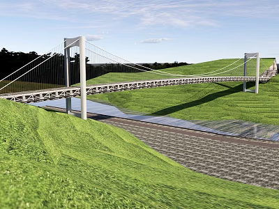 Modern White Cable Stayed Bridge Over River With Green Grassy Hills 3d model