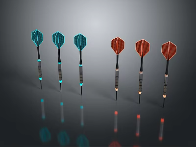 Darts Weapon With Blue Red Flights Shafts Tips And Reflections On Grey Background 3d model