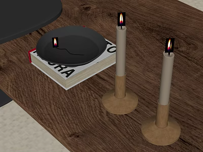 Elegant Candle Lamps On Wooden Table With Open Book And Warm Glow 3d model