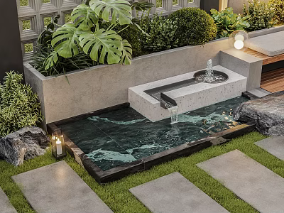 Courtyard Water Fountain with Flowing Water Lush Greenery Stone Tiles and Grass 3d model