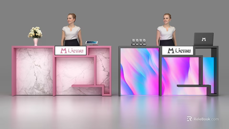 Modern Livenu Reception Desks With Pink Frame Marble Countertop And Colorful Gradient Screen 3d model 