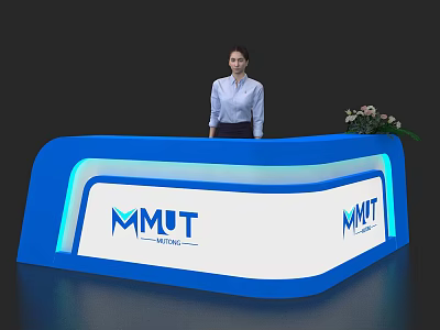 Modern Illuminated Blue White Reception Desk With MMT Engineering Logo And Female Staff 3d model