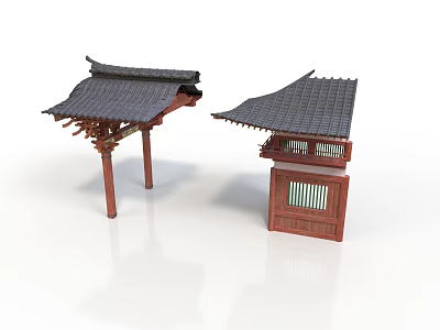 Traditional Chinese Architecture Models Featuring Black Tiled Roofs Wooden Supports And Grille Design 3d model