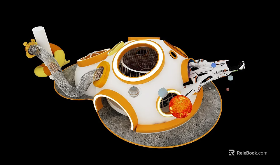 Kids Playground Space Capsule Themed Fun Play Structure With Round Windows White And Orange Slide 3d model 