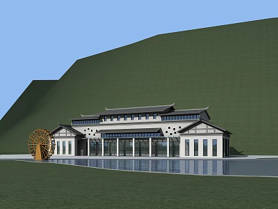 Traditional Style Tourist Center With Mountain Water Pool And Waterwheel 3d model