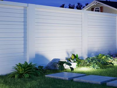 Garden Landscape Design with White Fence Green Plants Stone Slabs and Lush Lawn 3d model