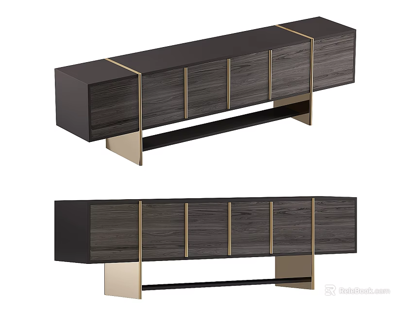 Modern TV Stand With Dark Wooden Finish And Gold Metal Accents And Storage Cabinets 3d model 
