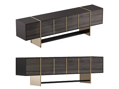 Modern TV Stand With Dark Wooden Finish And Gold Metal Accents And Storage Cabinets 3d model