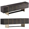 Modern TV Stand With Dark Wooden Finish And Gold Metal Accents And Storage Cabinets