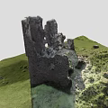 Ancient Castle Ruins Architecture With Tall Ruined Stone Brick Walls On Green Grassland