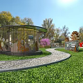 Park Landscape With Pink Flowering Trees Green Grass Stone Pathway And Wooden Pavilions