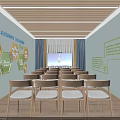 Bright Classroom Interior With Wooden Chairs Rows Large Screen And Wall Decorations 3d model