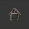 Rustic Thatched Roof Shelter With Wooden Frame And Green Grass Base