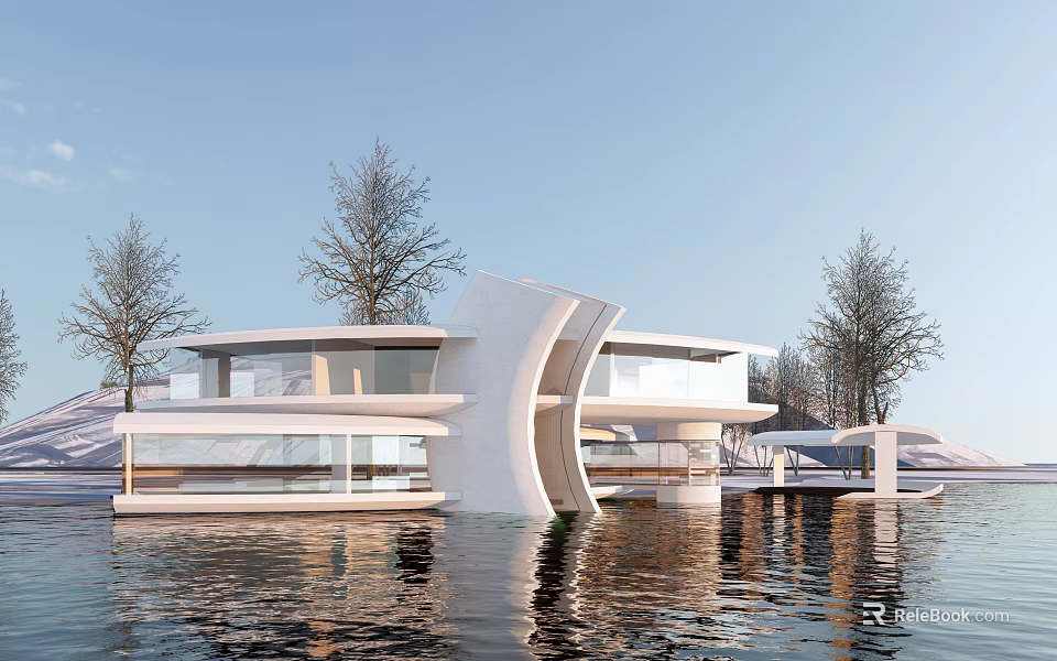 Modern Waterfront Villa with Curved White Exterior and Tree Surrounded Water Reflection 3d model 