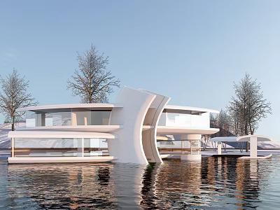 Modern Waterfront Villa with Curved White Exterior and Tree Surrounded Water Reflection 3d model