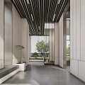 Modern Front Desk Reception Interior Design With Wooden Counter Sofa And Wall Art