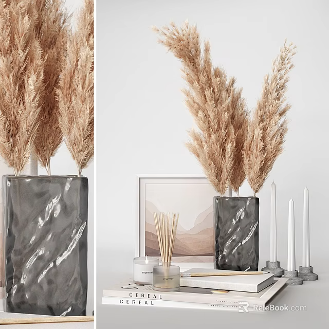 Decorative Ornament Set With Grey Marble Vase Pampas Grass Reed Diffuser And Candles 3d model 