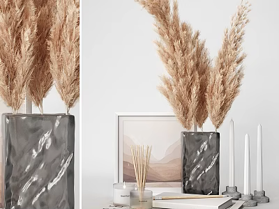 Decorative Ornament Set With Grey Marble Vase Pampas Grass Reed Diffuser And Candles 3d model