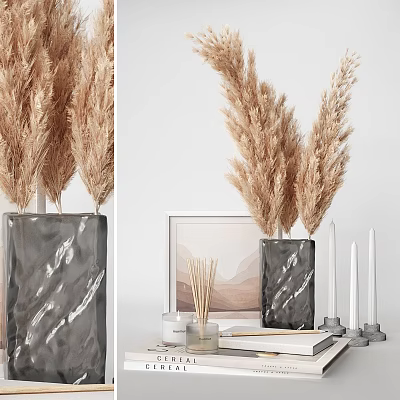 Decorative Ornament Set With Grey Marble Vase Pampas Grass Reed Diffuser And Candles 3d model