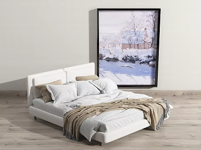 White Double Bed With Pillows Blanket And Large Snowy House Painting 3d model