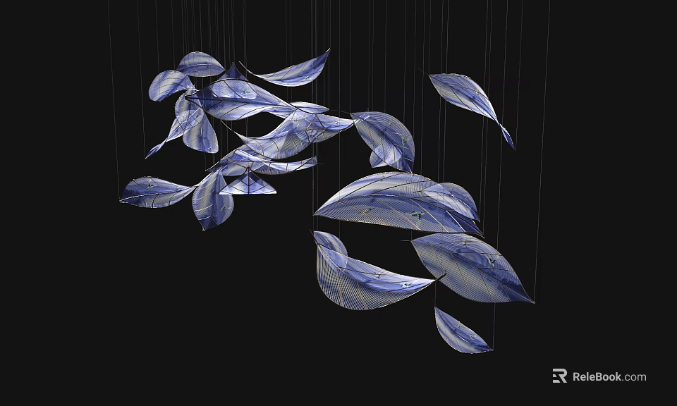 Hanging Blue And White Leaf Shaped Art Installation On Black Background 3d model