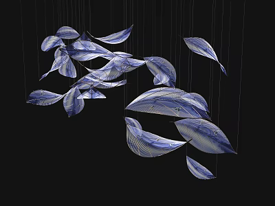 Hanging Blue And White Leaf Shaped Art Installation On Black Background 3d model