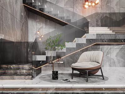 Modern Interior Design With Marble Walls Staircase Pendant Lights And Armchair 3d model