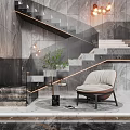 Modern Interior Design With Marble Walls Staircase Pendant Lights And Armchair