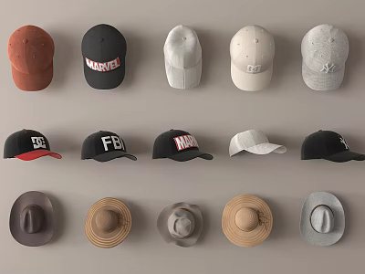 Various Trendy Baseball Caps and Wide Brimmed Hats with Different Colors and Styles 3d model