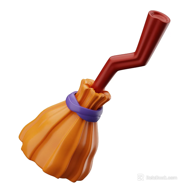 Decorative Broom Ornament Set with Red Handle Orange Bristle and Purple Band 3d model 