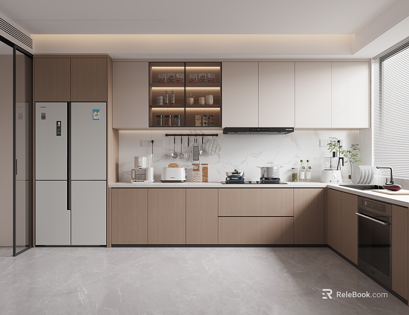 Modern Kitchen Interior Design With Light Wood Cabinets Refrigerator And Countertop 3d model 