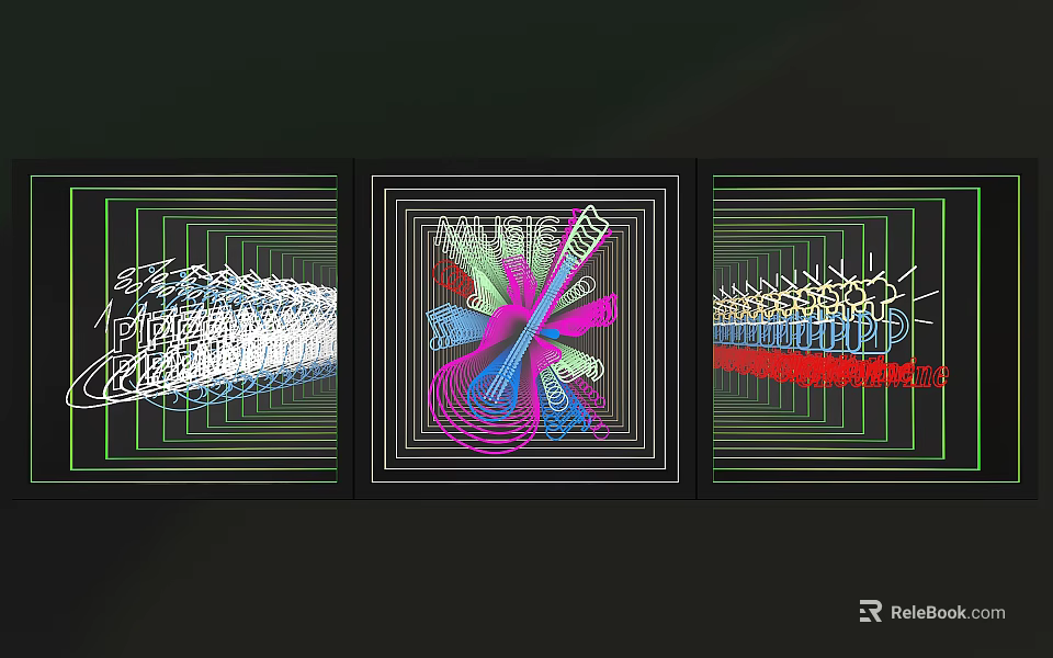 Artistic Three Panel Mirror With Colorful Abstract Patterns And Frame Design 3d model 