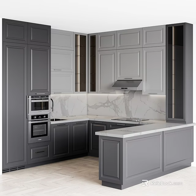 Modern Kitchen Interior With Gray Cabinets Marble Countertop And Island Design 3d model 