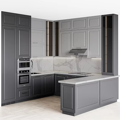 Modern Kitchen Interior With Gray Cabinets Marble Countertop And Island Design 3d model