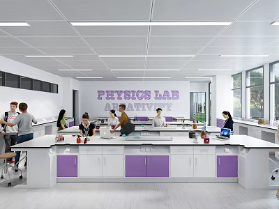Bright Modern Physics Lab With Purple Cabinets Lab Benches And Students Working 3d model