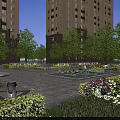 Residential Landscape With High Rise Buildings Trees Plaza Tables Chairs Fountains And Flower Beds